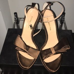 BCBGMaxAzria Bronze Satin Bow Ankle-Strap Sandals